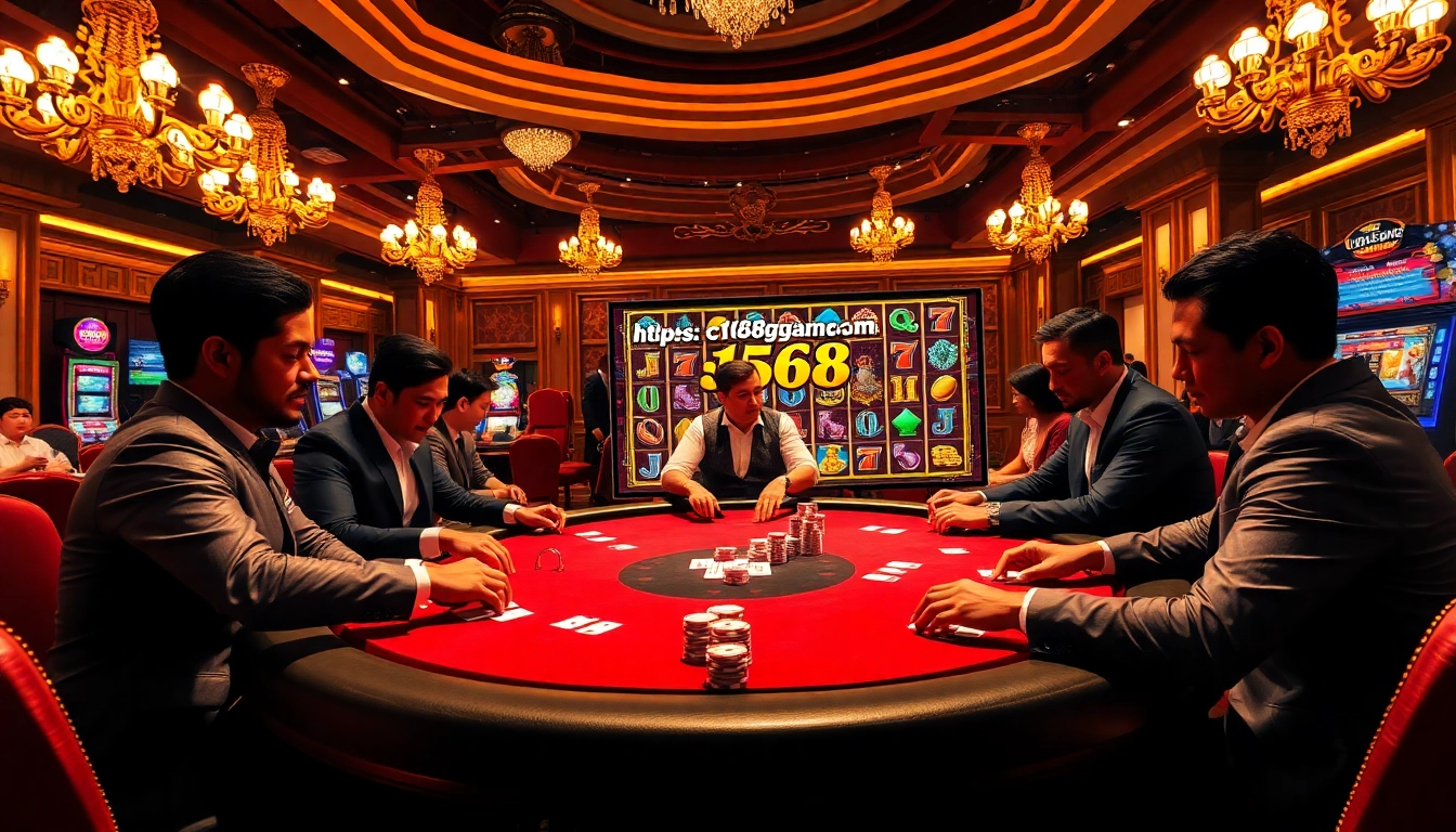 A captivating scene of intense poker gameplay featuring the online casino platform https://c168game.com/ surrounded by enthusiastic players and luxurious decor.