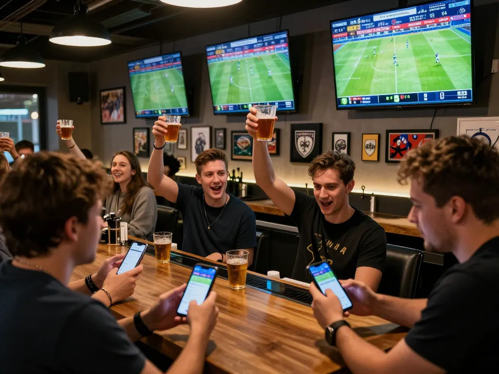 Fans at a sports bar using 789win app to place bets during a match, celebrating in a vibrant atmosphere