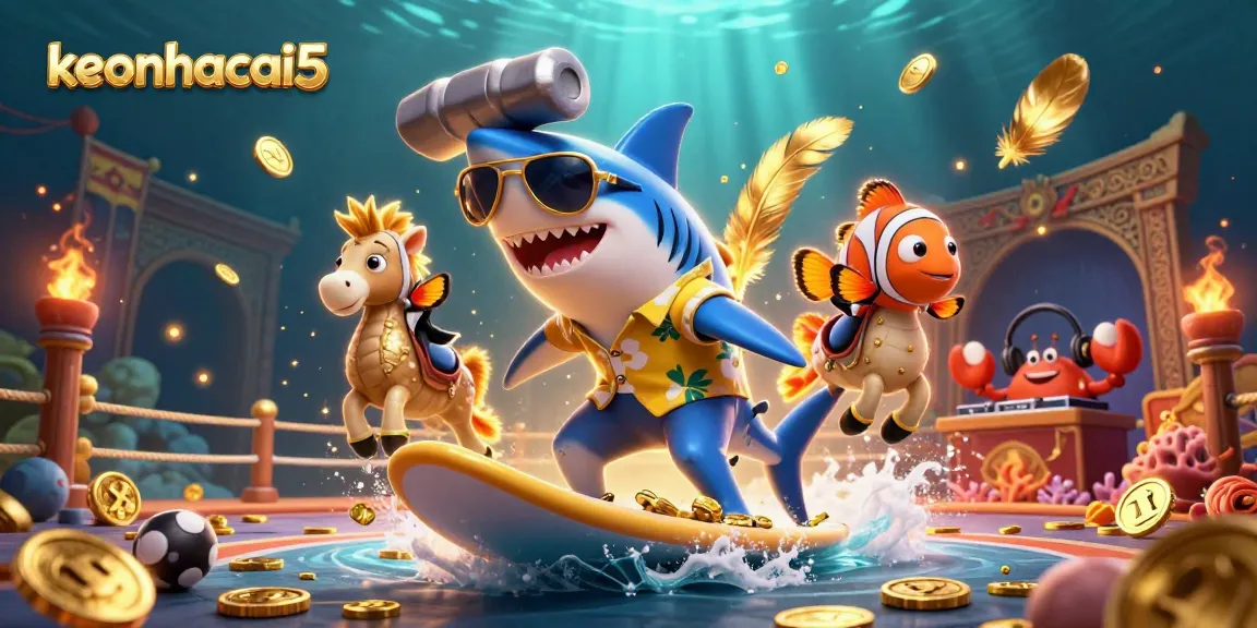 Engage with keonhacai5 through a vibrant illustration featuring a shark surfing on gold coins, symbolizing exciting sports betting.