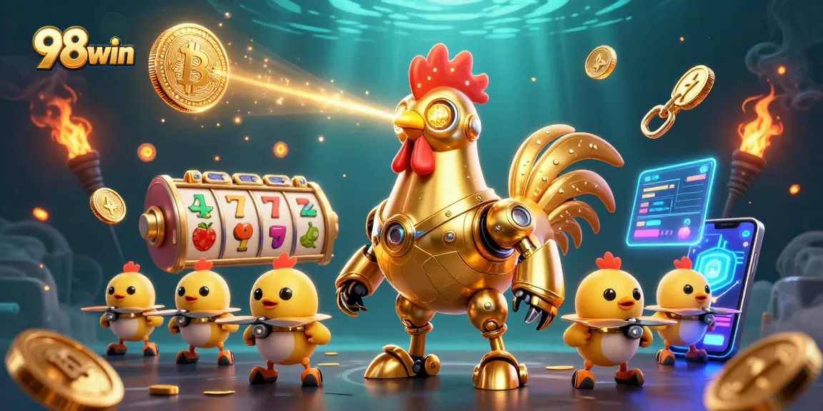 Win big with 98win at a vibrant, futuristic casino scene featuring colorful slot game elements.