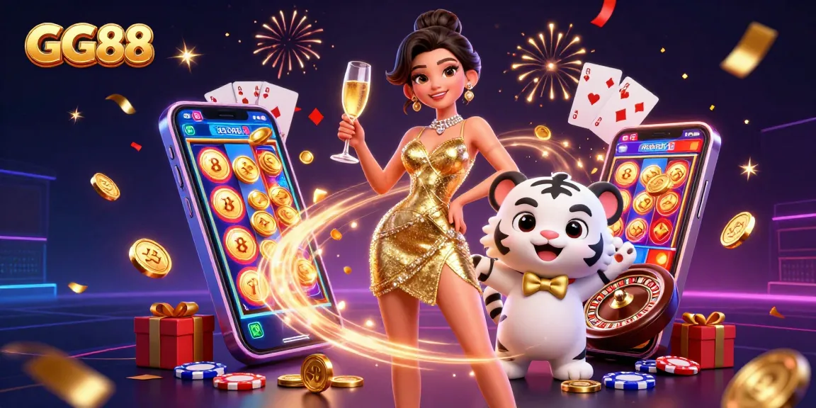Enjoy thrilling excitement at GG88 with a glamorous casino scene featuring a lucky tiger and vibrant gaming elements.