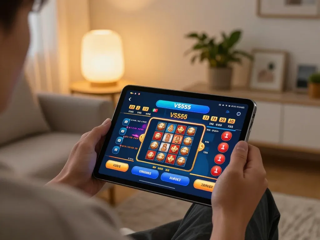 Engaging gameplay on the VS555 app using a tablet in a cozy living room setting, showcasing online gambling.