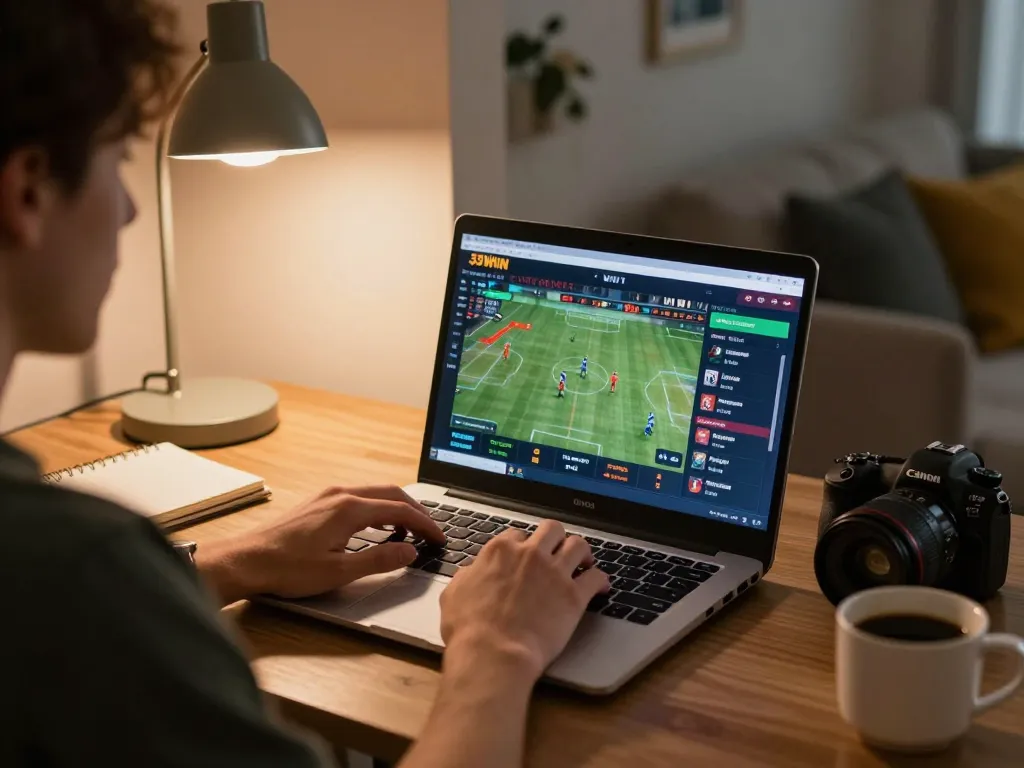Engaged player using 33WIN for sports betting on a laptop with strategic tools nearby.