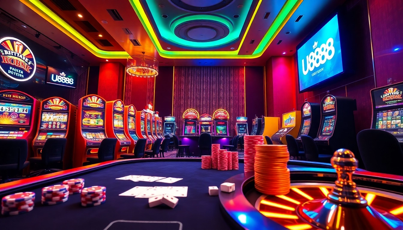 Experience the exhilarating thrill of U888 casino with vibrant tables, cards, and lights in a luxurious online gambling setting.