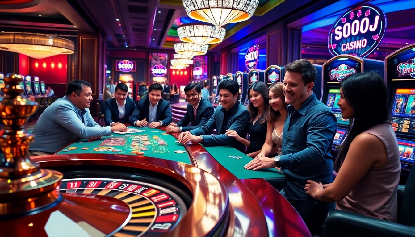 Exciting gameplay at SODO CASINO with vibrant tables, chips, and roulette wheels.