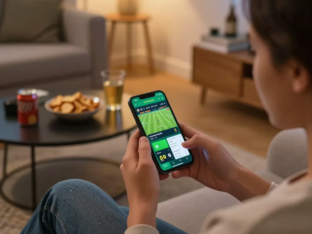 Gambling at home with kèo nhà cái displayed on a smartphone during sports betting.