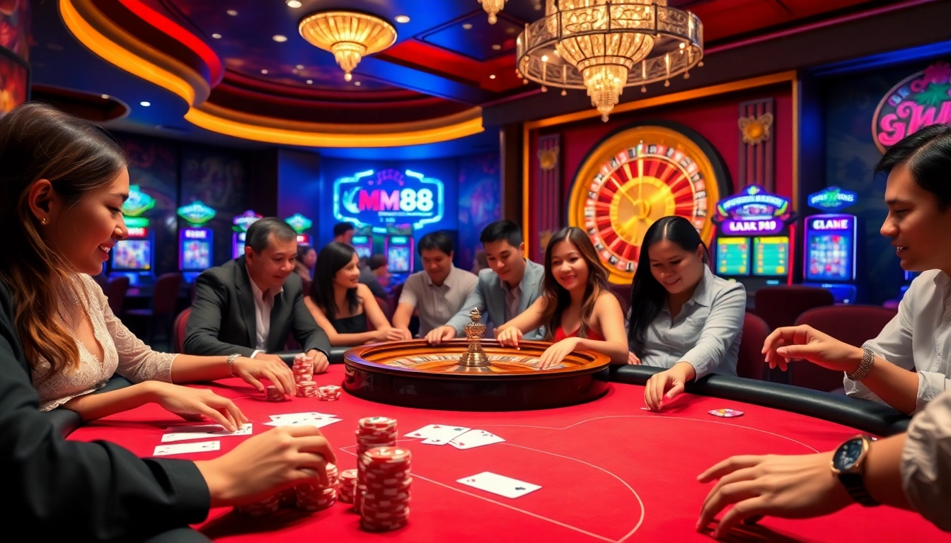 MM88 players enjoying a thrilling casino experience with poker, roulette, and slot machines.