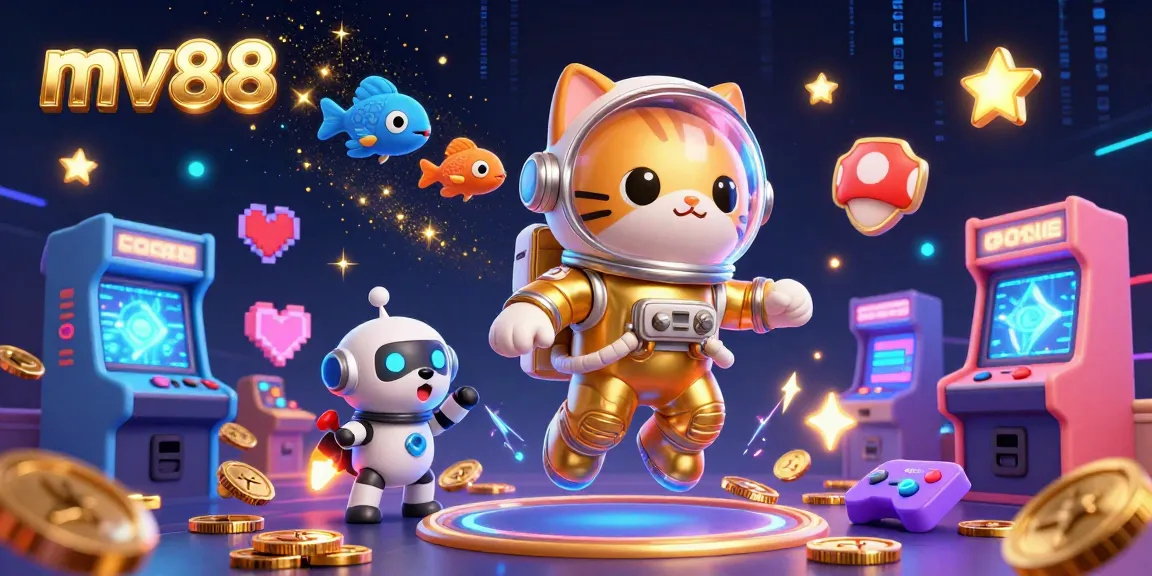 Bet on excitement with mv88 as an astronaut cat and robot dog explore a vibrant galaxy of gaming!