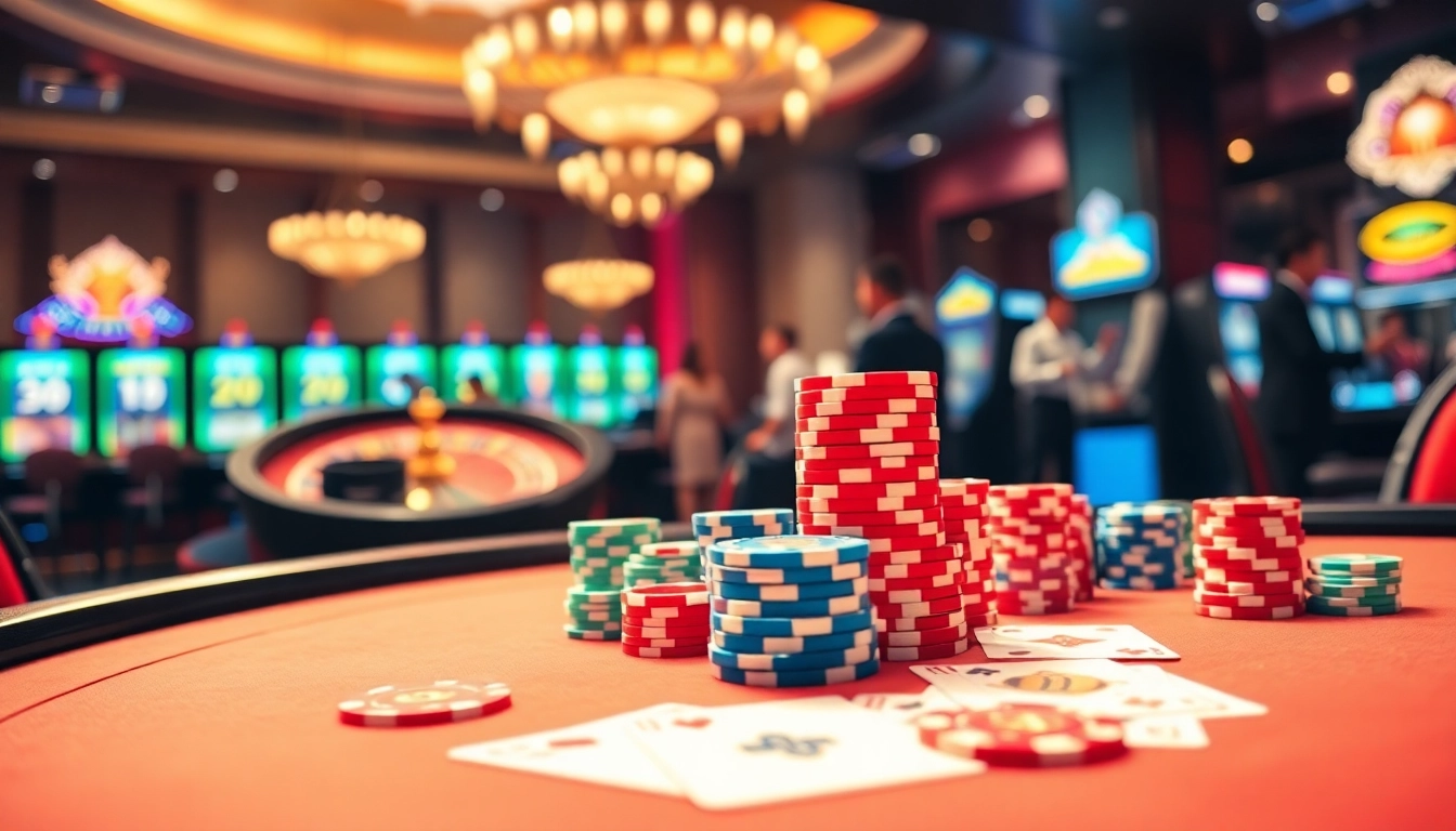 A captivating poker scene at https://kp88.space/ showcasing vibrant chips and cards amidst a luxurious casino ambiance.
