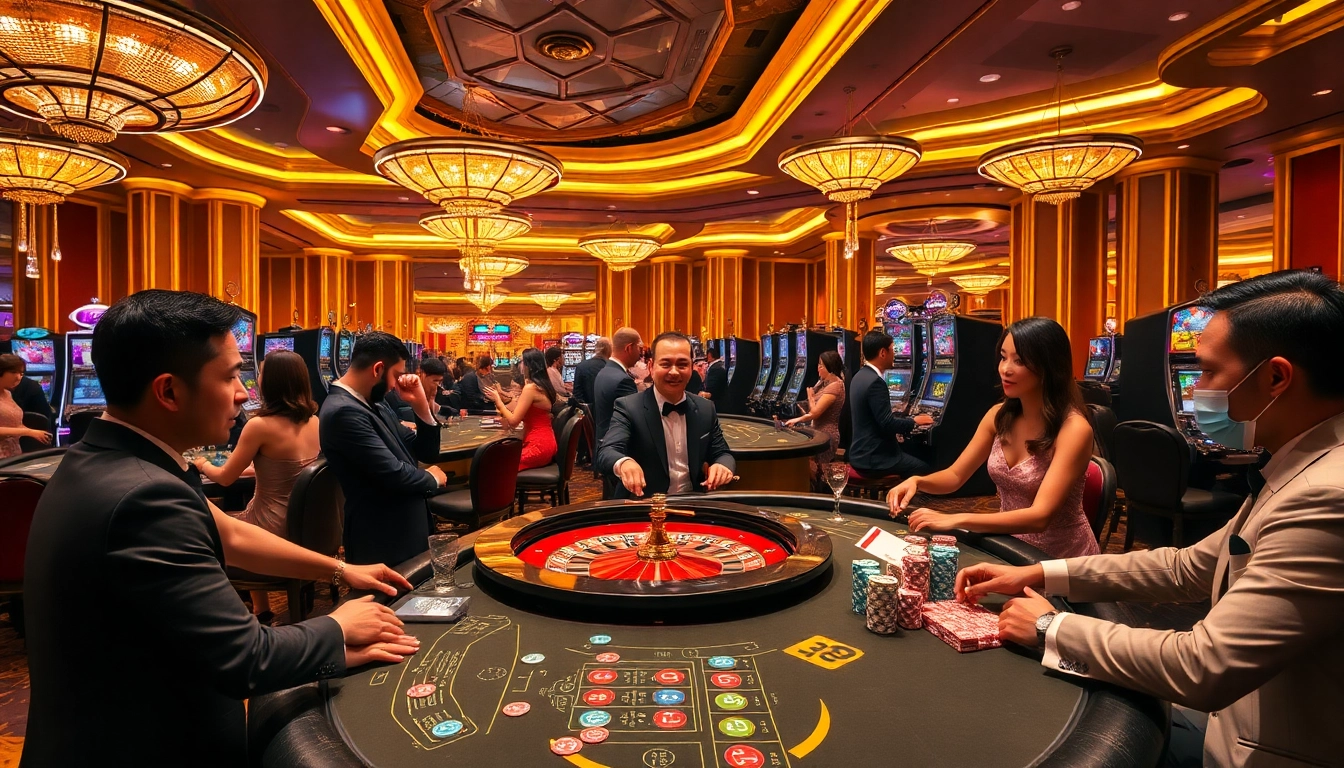 Excited players enjoying high-energy games at Hi88 casino with vibrant decor.