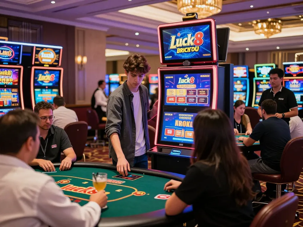Exciting casino atmosphere showcasing diverse gaming activities at luck8, with players engaged at live dealer tables and interactive gaming terminals.