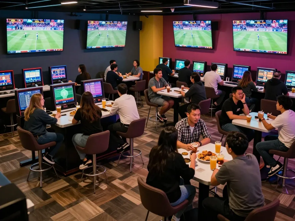 Engaged fans at a sports betting lounge explore kèo nhà cái while enjoying live matches on screens.