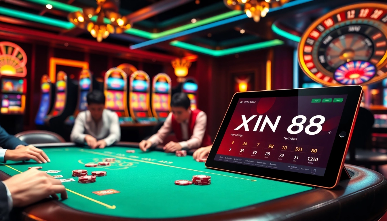 Experience thrilling gameplay at Xin88 with an exciting poker table and dazzling slot machines.