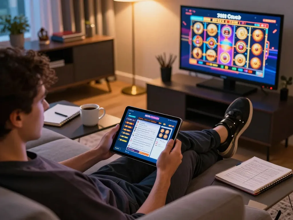 Player enjoying slot games on 789Club app in a cozy home setup