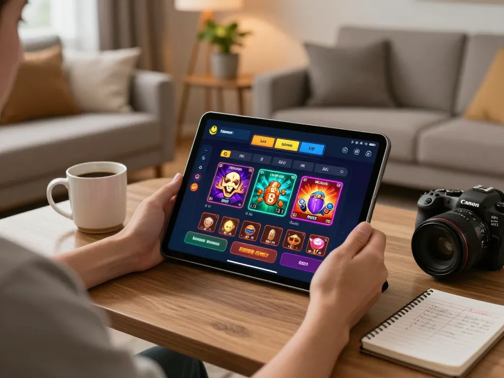 Engaging with go88 on a tablet while managing betting strategies at home, highlighting online casino gaming.