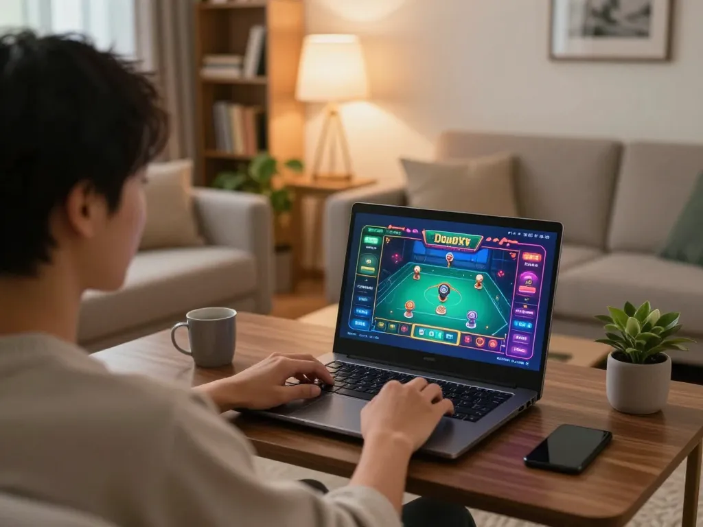 Kuwin player enjoying poker online at home, highlighting gaming interface and cozy atmosphere.
