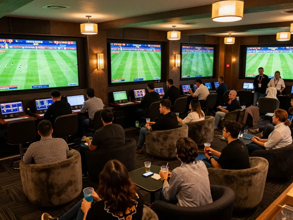 Fans place bets on football matches at Luongsontv sports betting lounge, enjoying a lively atmosphere.