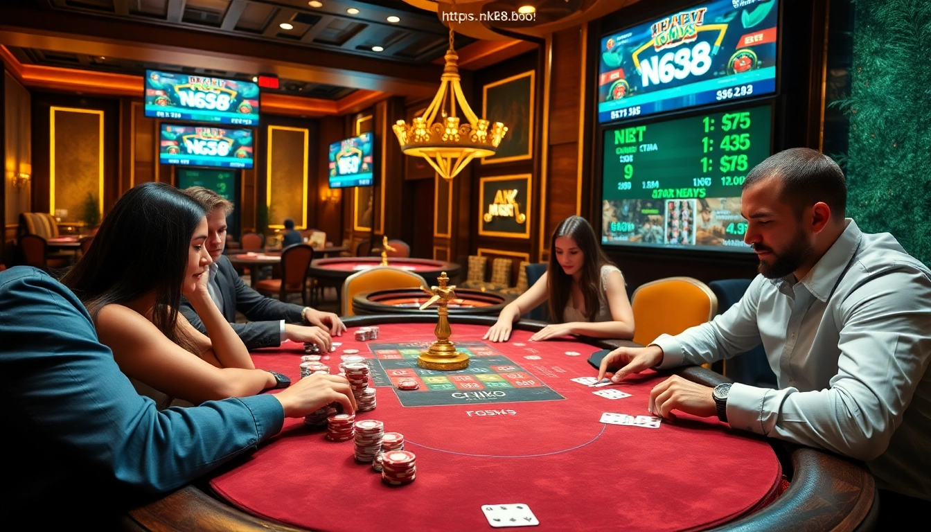 Action-packed casino moment at https://nk88.boo/ with poker players, vibrant chips, and roulette excitement.