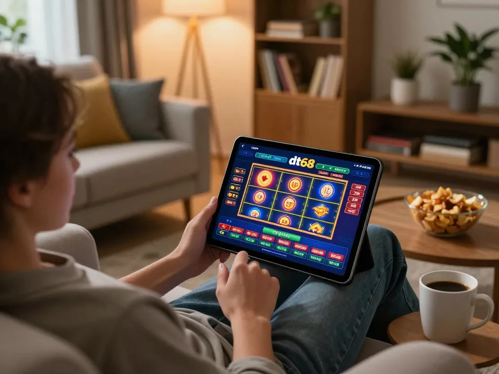 Person enjoying dt68 online casino on a tablet in a cozy living room