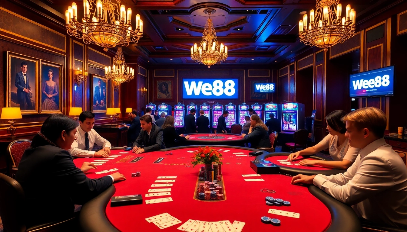 WE88 Casino players enjoying a high-stakes poker game surrounded by luxury decor.