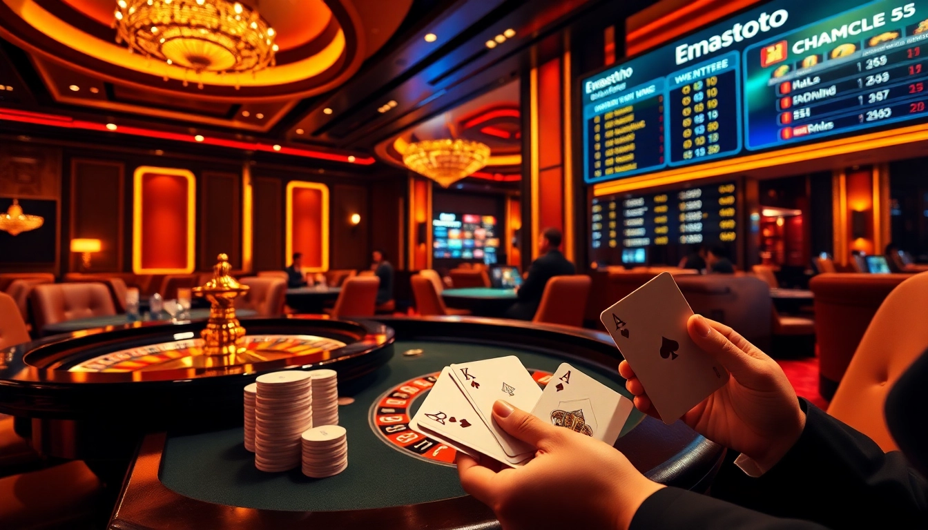 Players enjoying a thrilling game at Emastoto casino with roulette table and poker cards.