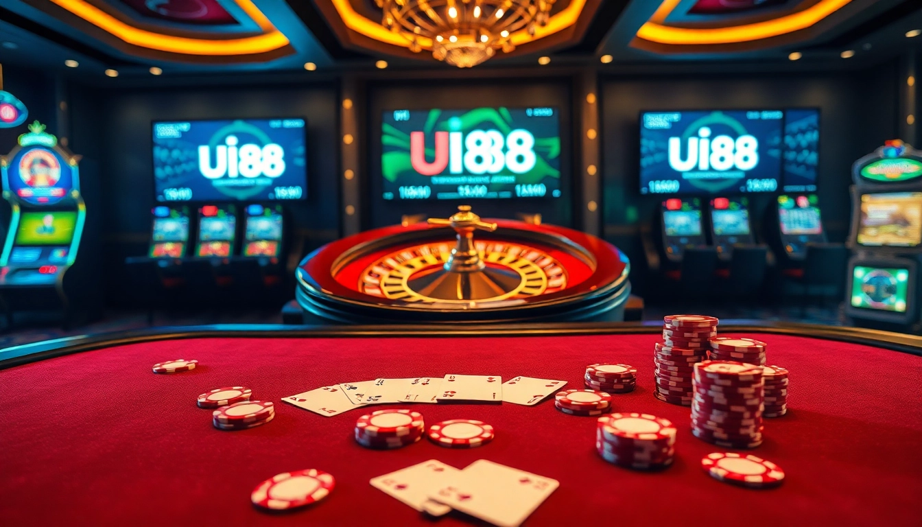 UU88 casino experience with stunning poker table and vibrant slot machines.
