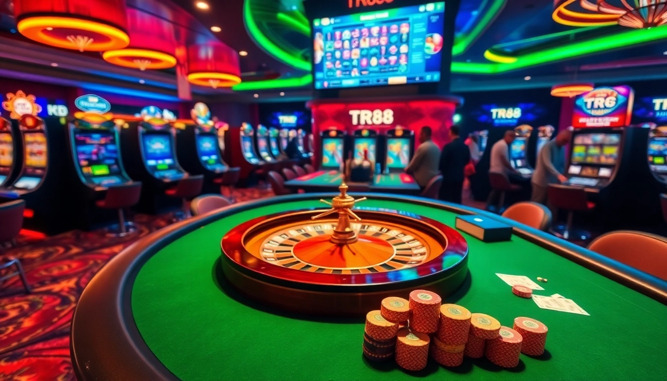 Thrilling casino scene showcasing TR88 poker chips and roulette excitement.