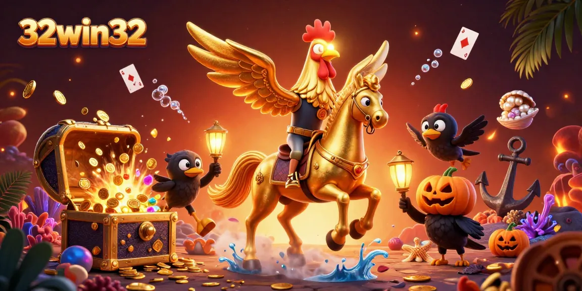 Engage with the thrilling action of 32win32 as a golden rooster and spectral horse explore a midnight casino.