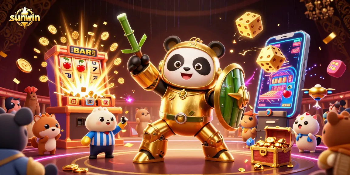 Experience the excitement of sunwin with the golden panda in a 3D slot machine explosion scene filled with casino elements.