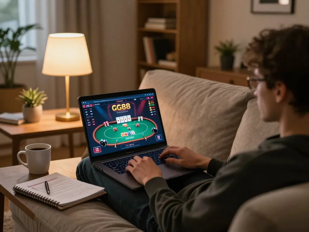 Engaging in GG88 online casino gameplay on a laptop in a cozy environment, highlighting strategic betting.