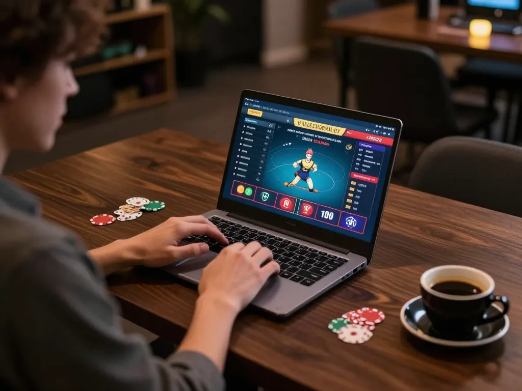58win player engaging in online poker gameplay at home, highlighting a cozy yet strategic gaming atmosphere