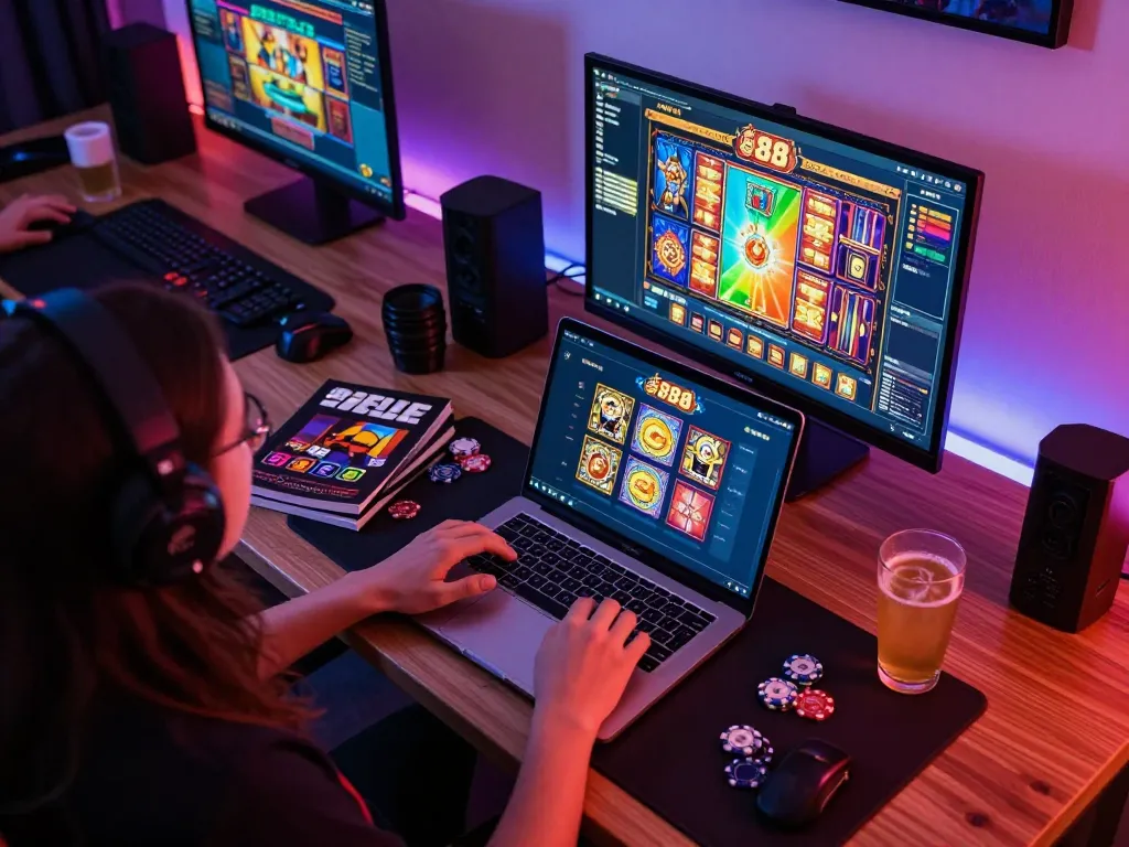 Playing slot88 resmi on a laptop in a cozy home gaming setup, showcasing strategy notes and colorful graphics