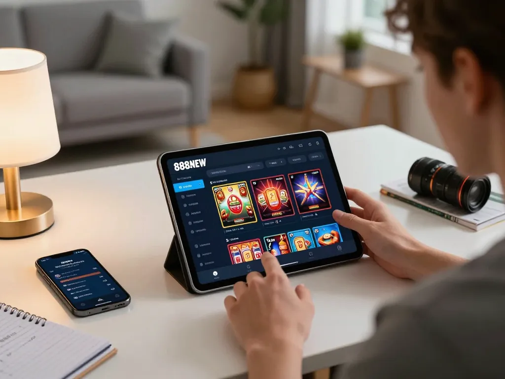Engage with the Trang chủ 888NEW while enjoying poker on a tablet in a cozy home setting.