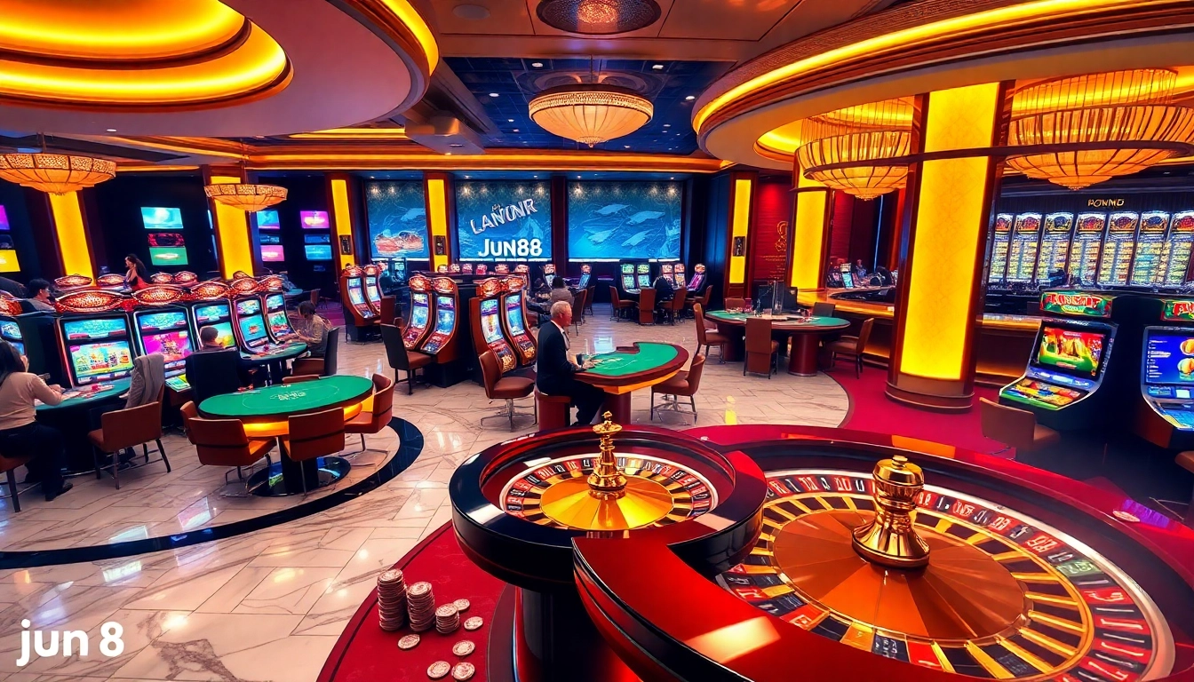 Players enjoying the thrilling atmosphere of Jun88 casino with poker and slot games.