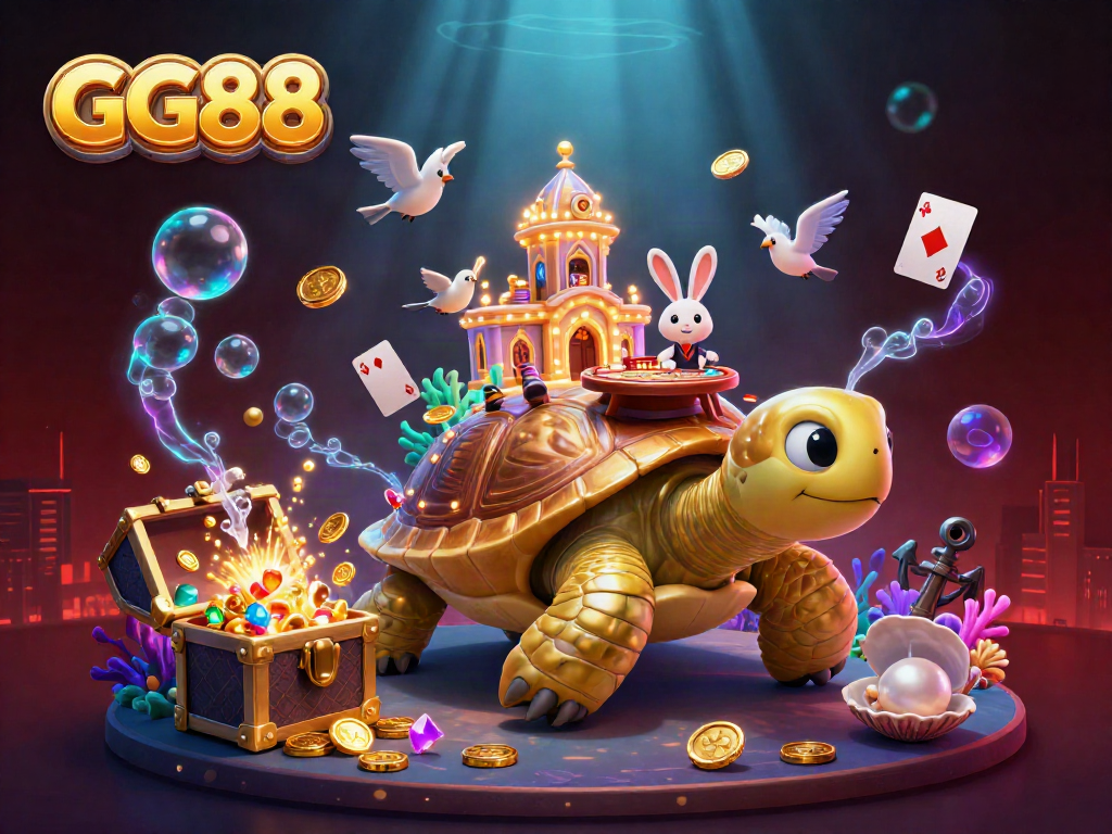 Experience thrilling gameplay at GG88 with a golden tortoise casino scene illuminated with gems and vibrant colors.