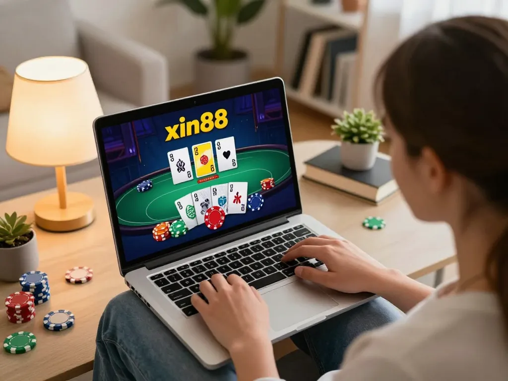 Enjoying an online poker game at xin88 on a laptop from a cozy living room setting.