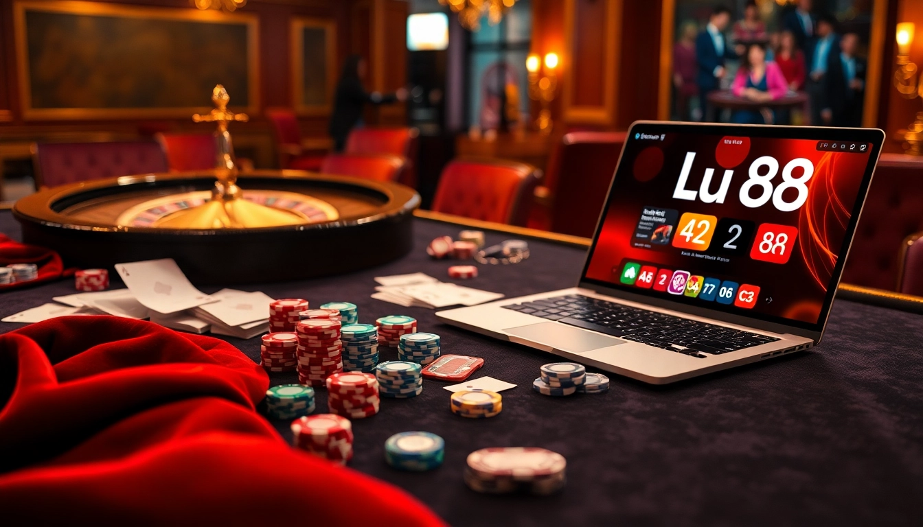 Experience thrilling gambling action with Lu88 at a luxurious table setting filled with poker chips and cards.