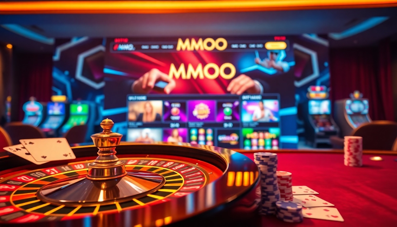Engaging MMOO online casino scene featuring vibrant games, roulette wheel, and playing cards.