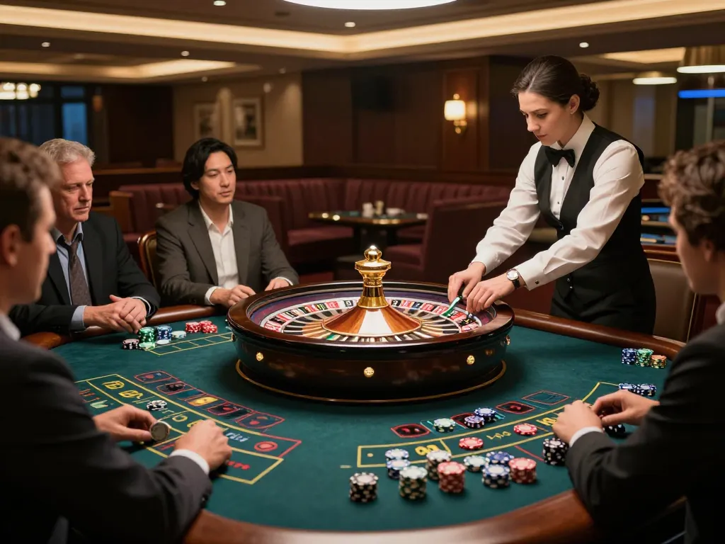 Engaged players focusing on their bets at da88pc roulette table in luxurious casino.