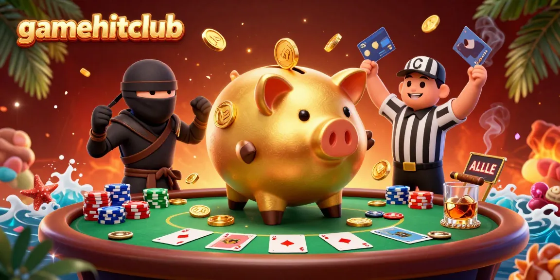 Engage with gamehitclub in a vibrant 3D poker scene featuring a golden piggy bank sumo wrestler and dynamic elements.