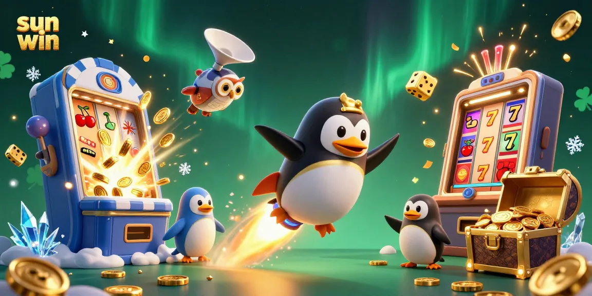 Experience the thrill of sun win with an exciting 3D scene featuring a golden penguin and vibrant casino elements.