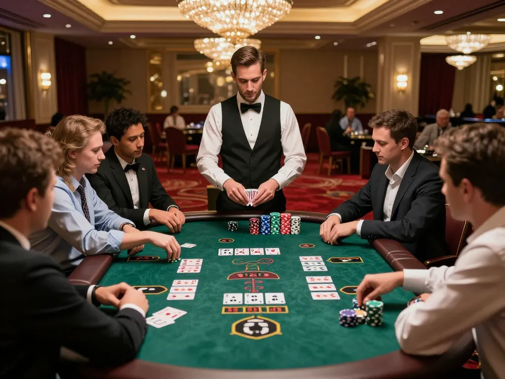 Intense blackjack game action at five88so casino with players strategizing and dealer managing bets.