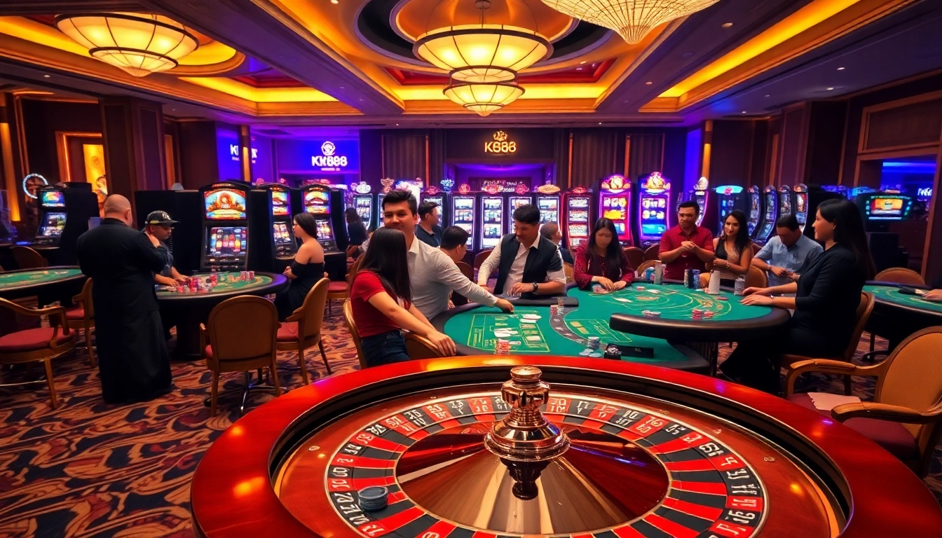 Gamblers enjoy thrilling games at KP88 casino with roulette, poker tables, and vibrant slot machines.