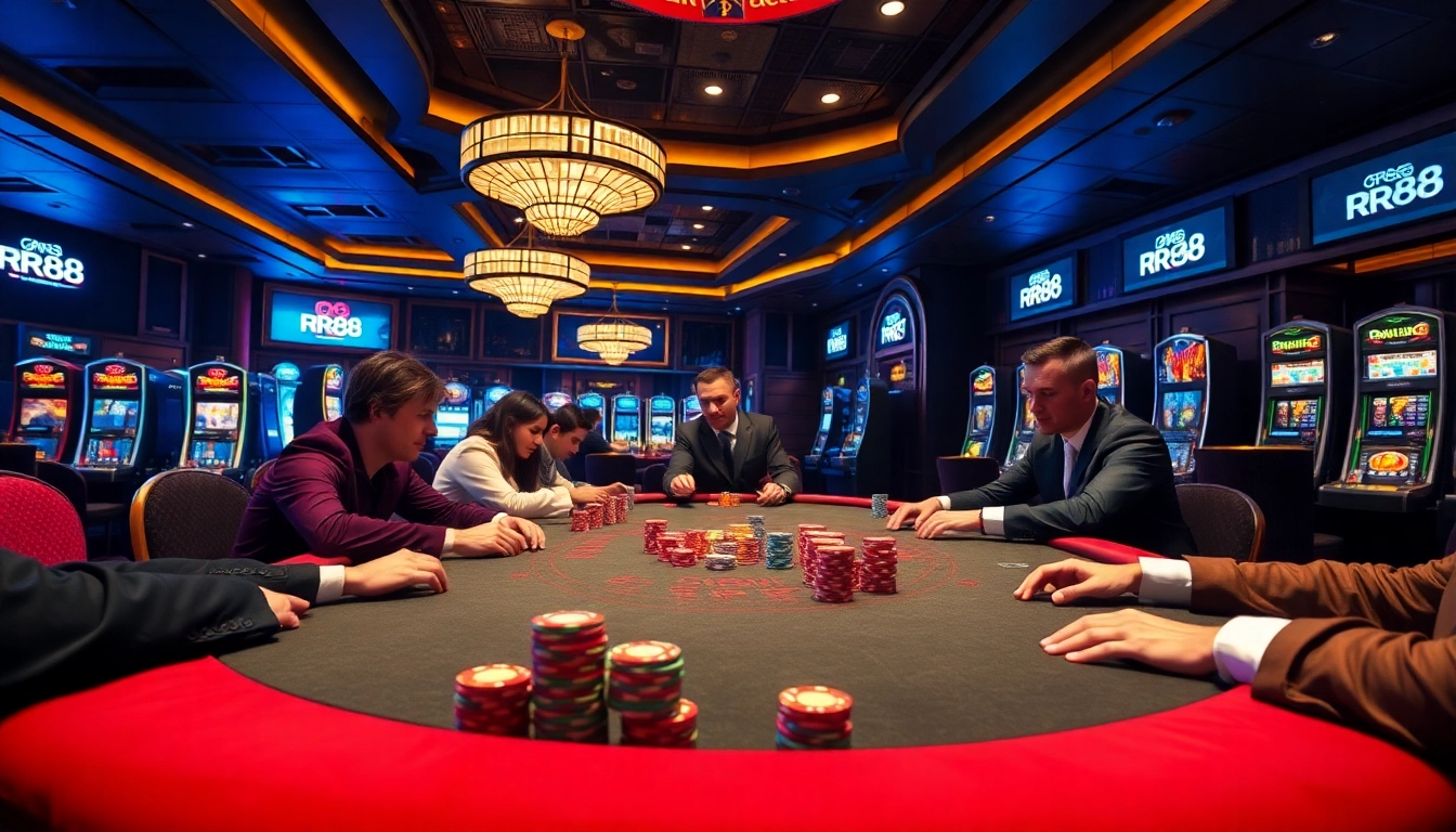 Experience the thrill of RR88 with a vibrant poker game showcasing intense players and colorful chips.