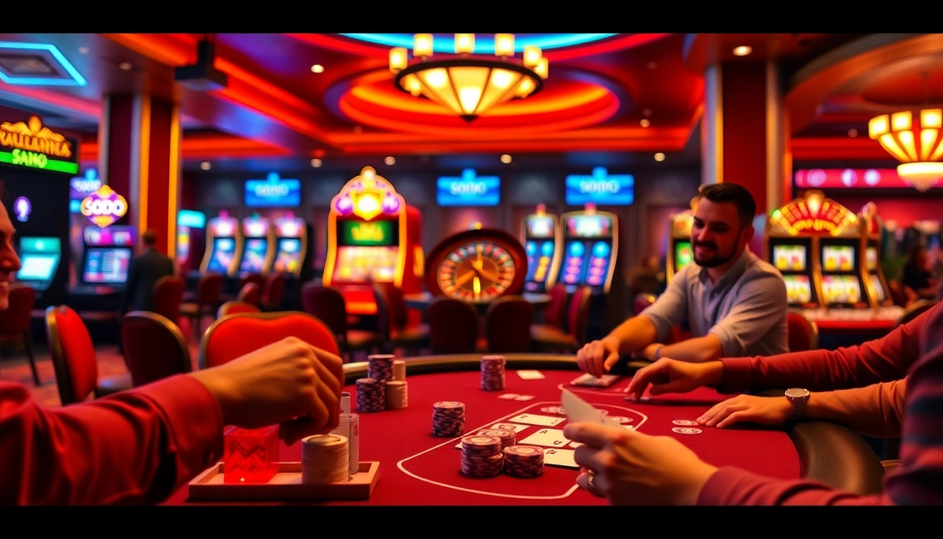Players competing at SODO Casino with poker chips and cards in an exciting gambling environment.