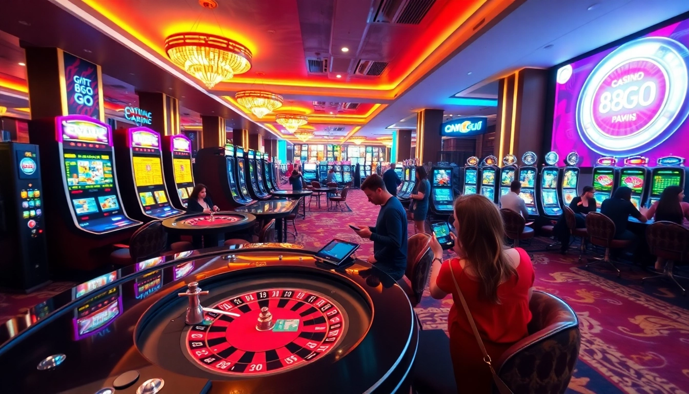 Exciting gaming scene showcasing casino 88GO with players at tables and vibrant slot machines.
