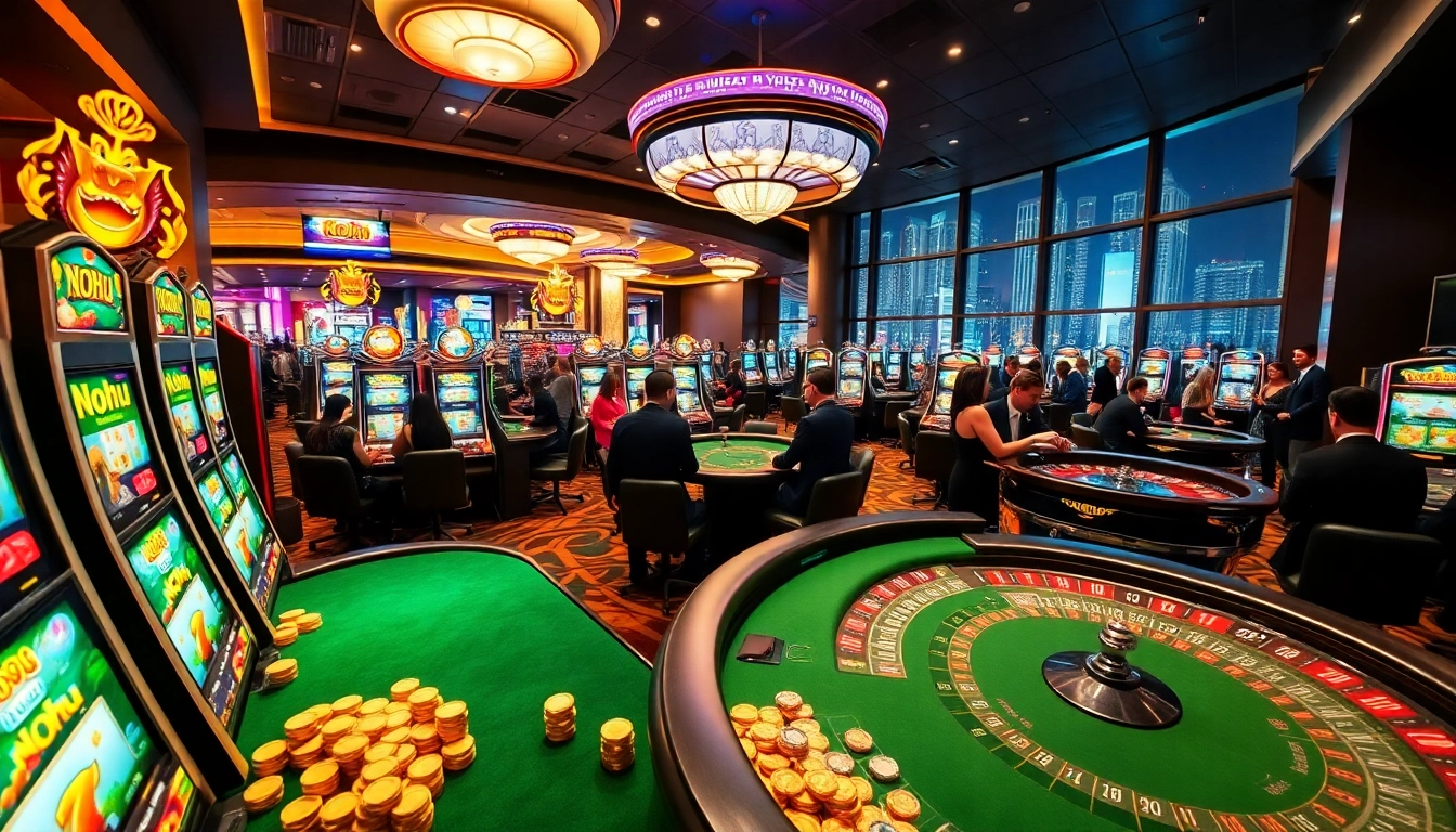 Nohu-themed slot machines attracting eager gamblers in a luxurious casino.