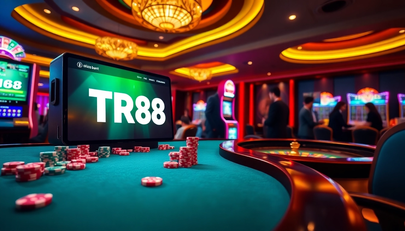 TR88 online betting interface showcased among casino excitement with poker chips and dice.