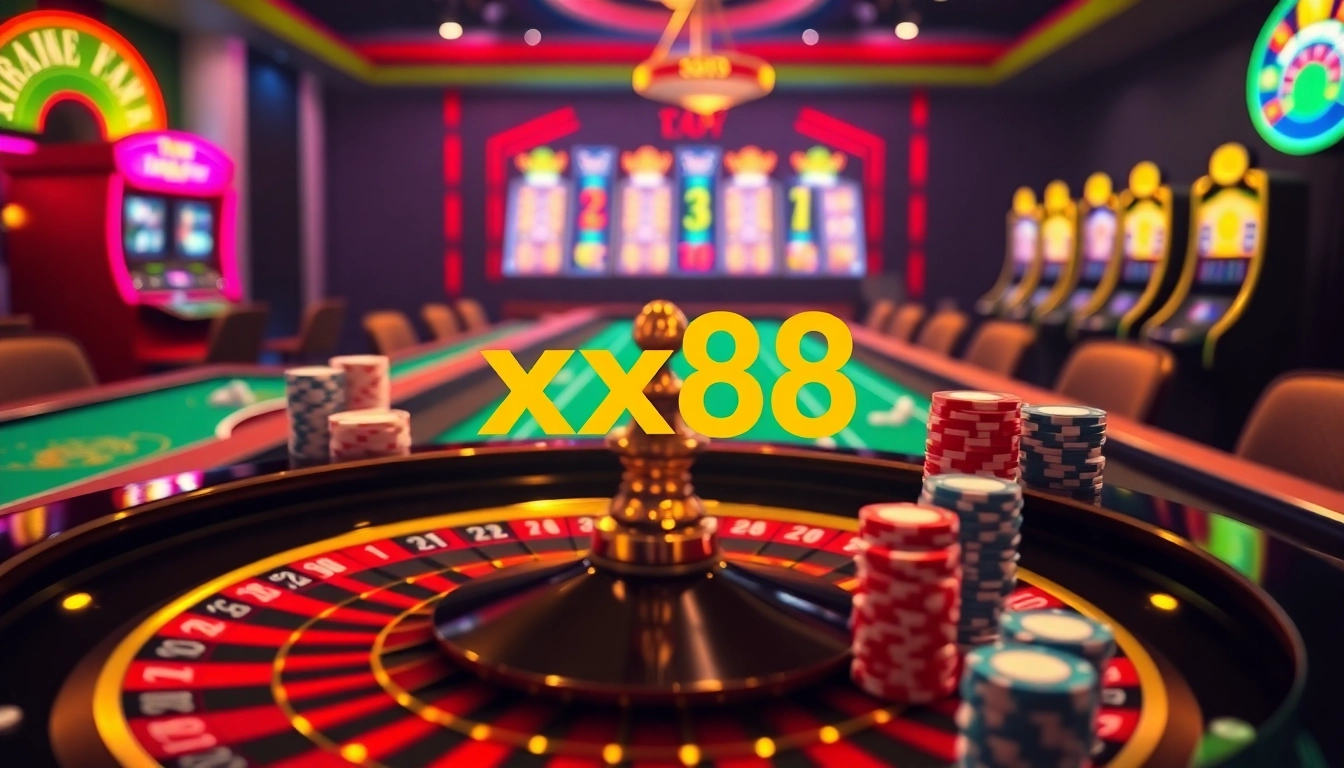 Experience thrilling gaming at xx88 with vibrant slots, poker chips, and roulette.