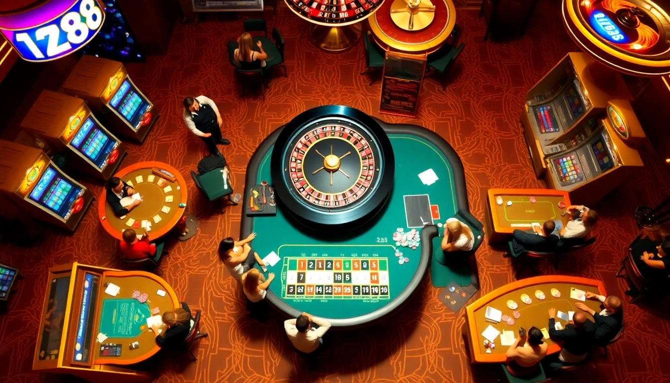 Experience the thrill of playing at the luxurious casino featuring hz88-style roulette and poker tables.